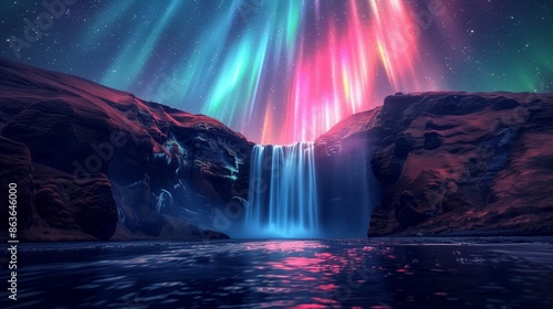 Wallpaper Mural Waterfall with northern lights, aurora borealis, vibrant colors, serene flow, tranquil pool, nature's splendor, dynamic scene, serene setting, gentle cascade, peaceful scene, vibra Torontodigital.ca