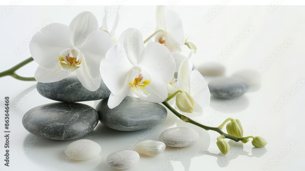 Spa still life with massage stones,white orchid on water reflection. Spa and white orchid Spa still life with massage stones,white orchid on water reflection. Spa and white orchid