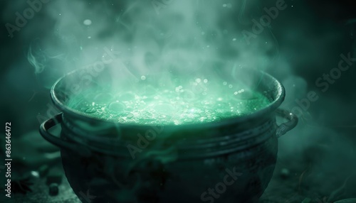 Mysterious boiling green potion in a dark cauldron emitting mist, invoking magical and witchcraft themes in a mystical atmosphere.