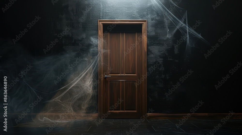 Mysterious wooden door with smoky aura on a dark background, creating an eerie, atmospheric scene. Mysterious wooden door with smoky aura on a dark background, creating an eerie, atmospheric scene.