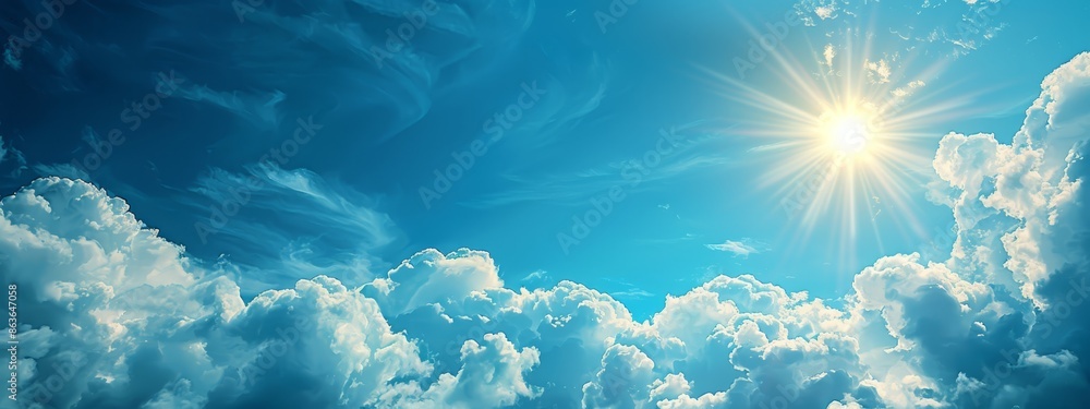 A bright blue sky dotted with clouds and the sun shining boldly at its center, accompanied by a luminous star nestled midway A bright blue sky dotted with clouds and the sun shining boldly at its center, accompanied by a luminous star nestled midway