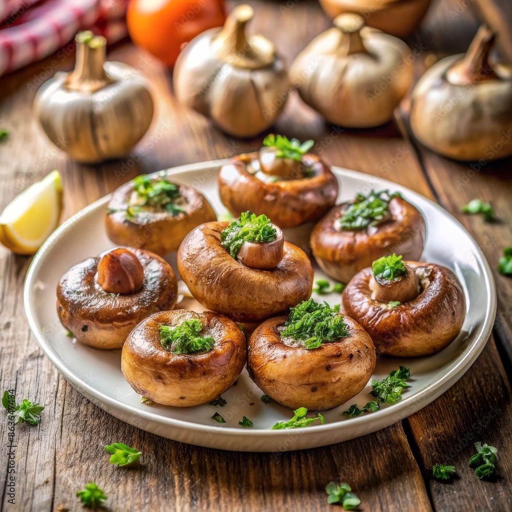 Baked mushrooms stuffed with garlic and herbs, garnished with fresh parsley. Perfect for the DASH diet.