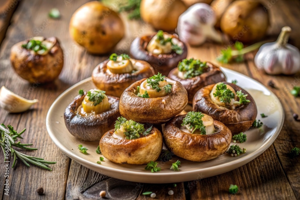 Stuffed mushrooms with garlic and fresh herbs, served on a rustic plate. Ideal for the DASH diet. Stuffed mushrooms with garlic and fresh herbs, served on a rustic plate. Ideal for the DASH diet.