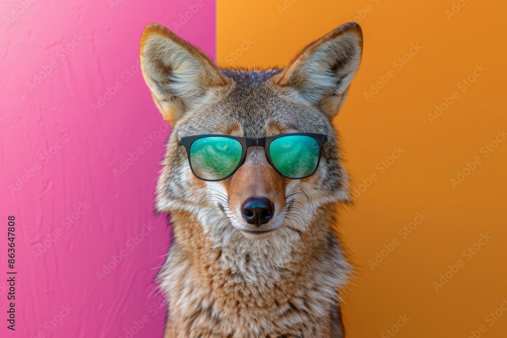 Funny coyote with sunglasses in a brightly colored studio setting Funny coyote with sunglasses in a brightly colored studio setting