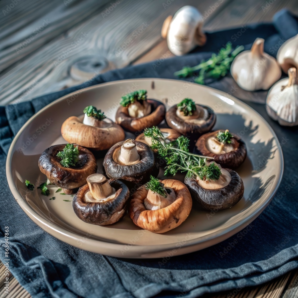 A dish of roasted mushrooms with garlic and parsley, suitable for the DASH diet. These mushrooms are a flavorful and healthy option for any meal. A dish of roasted mushrooms with garlic and parsley, suitable for the DASH diet. These mushrooms are a flavorful and healthy option for any meal.