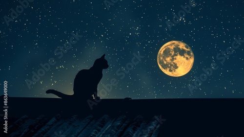 Silhouette of a Cat on the Rooftop under Full Moon at the Night Sky