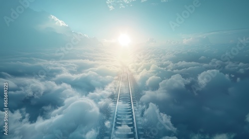 Surreal train tracks leading into a dreamy sky with clouds and sun, conveying a sense of endless journey and imagination. photo