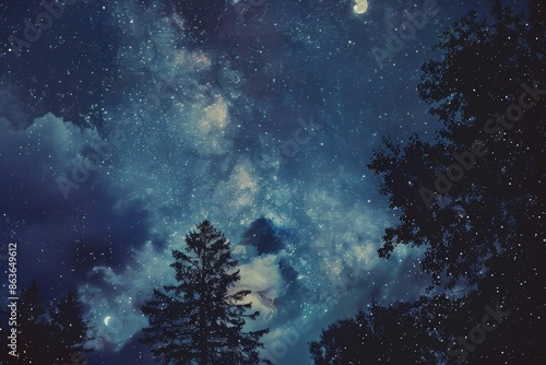 a night sky filled with stars and trees