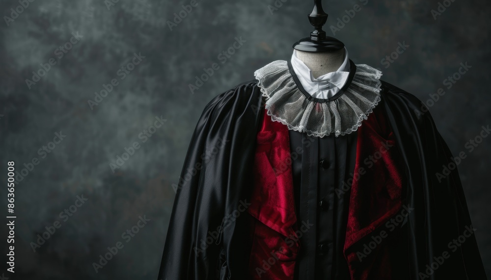 Naklejka premium Vintage black academic gown with elegant white ruff collar and deep red bodice on a mannequin against a dark background.