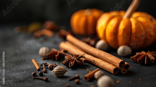 Warm autumn spices with cinnamon sticks, star anise, and pumpkins on a dark background creating a cozy and seasonal ambiance. © narak0rn
