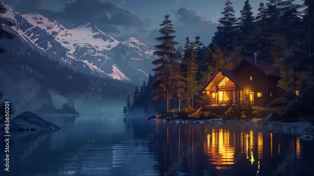 Fototapeta premium Night lights of a lake house in the mountains. Night lights of a lake house in the mountains. Mountain lake house lights.