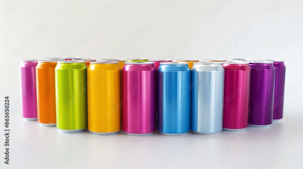 A collection of assorted energy drink cans in bright colors, neatly arranged on a white background with ample copy space for branding A collection of assorted energy drink cans in bright colors, neatly arranged on a white background with ample copy space for branding