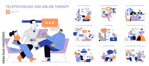 Telepsychology And Online Therapy. Flat Vector Illustration