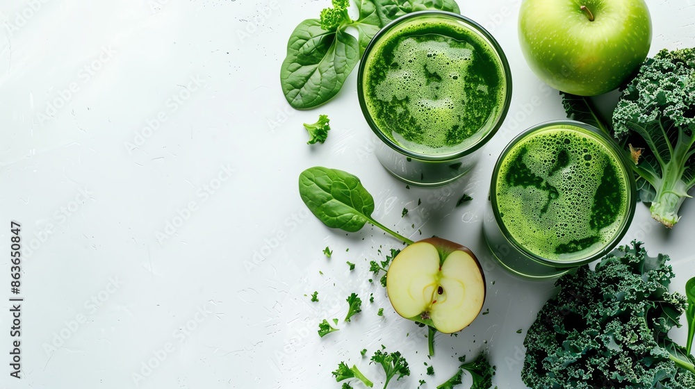 A refreshing glass of green detox juice with fresh ingredients like spinach, kale, and apple on a white background, promoting a healthy lifestyle with copy space A refreshing glass of green detox juice with fresh ingredients like spinach, kale, and apple on a white background, promoting a healthy lifestyle with copy space