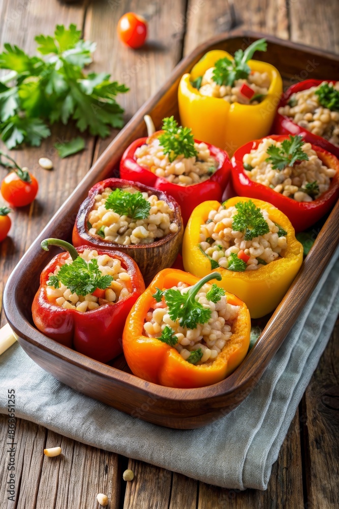 Bright red, yellow, and green bell peppers stuffed with rice and herbs, baked to perfection. A wholesome and tasty dish for the DASH diet. Bright red, yellow, and green bell peppers stuffed with rice and herbs, baked to perfection. A wholesome and tasty dish for the DASH diet.