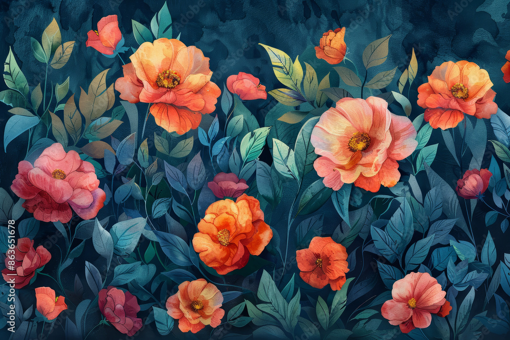 A painting of a field of flowers with a blue background A painting of a field of flowers with a blue background