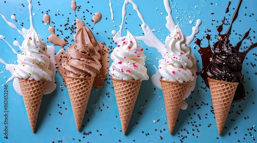 A row of ice cream cones with different flavors, including chocolate and vanilla