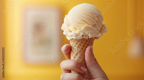 A person holding a scoop of ice cream in a waffle cone