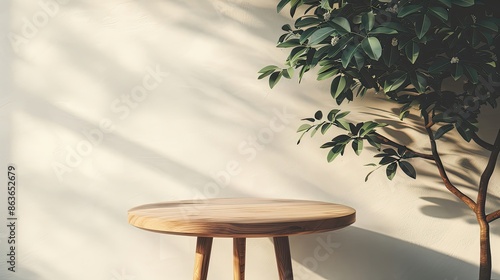A wooden table is sitting in front of a wall with a large tree behind it