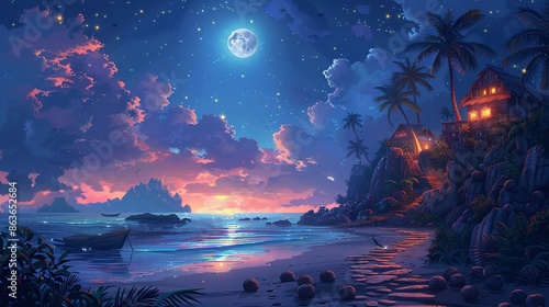 Dark Summer Island Landscape with Coconut Palms