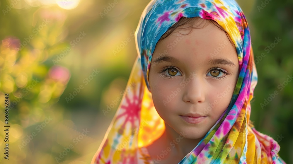 A child wearing a tie-dye headscarf looks directly at the camera, a determined expression radiating hope and courage. A child wearing a tie-dye headscarf looks directly at the camera, a determined expression radiating hope and courage.