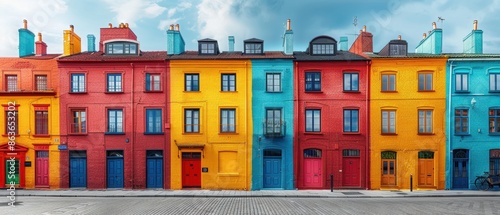 A brick wall with a mural of a colorful cityscape. 