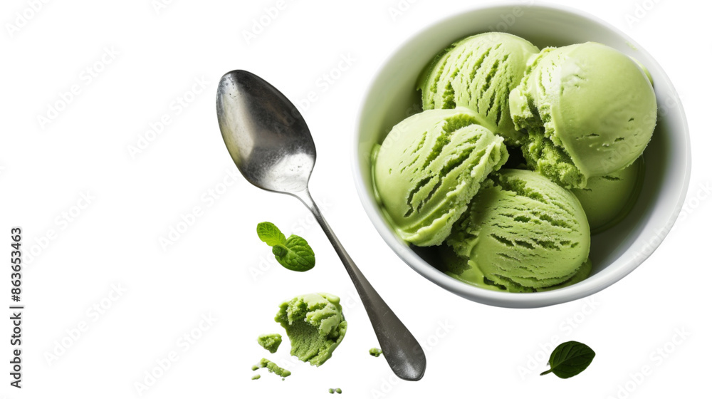 Green ice cream in a bowl with spoon on transparent background Green ice cream in a bowl with spoon on transparent background