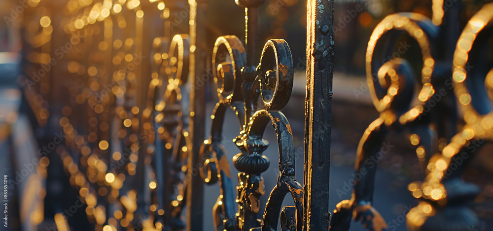 Close-up of an intricate iron fence with decorative patterns Close-up of an intricate iron fence with decorative patterns