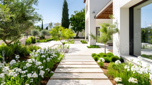 Serene Garden Path with Blooming Rosemary and Pavers Inviting Relaxation