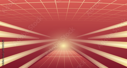 Corridor stretches into light dotted with lights leading. Light on the floor background