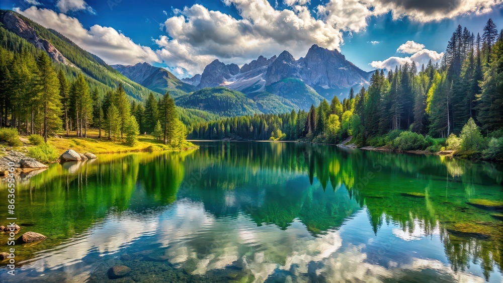 Tranquil lake nestled in the mountains with stunning views of nature, pristine, lake, secret, mountain, retreat, tranquil, serene Tranquil lake nestled in the mountains with stunning views of nature, pristine, lake, secret, mountain, retreat, tranquil, serene