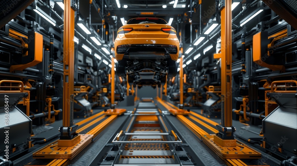 Future Tech Robot Testing Car Suspension on Automated Assembly Line Future Tech Robot Testing Car Suspension on Automated Assembly Line