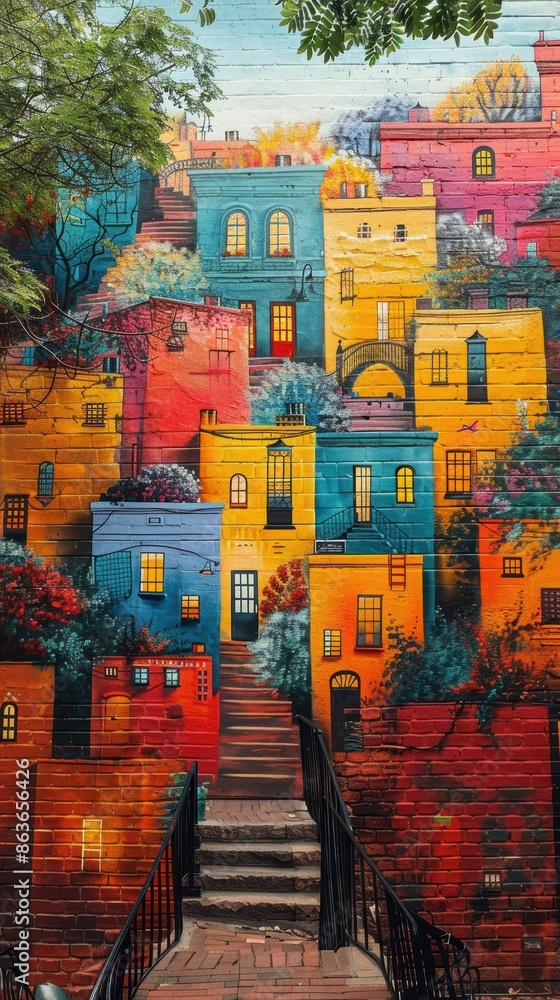 Fototapeta premium A brick wall with a mural of a colorful cityscape. 