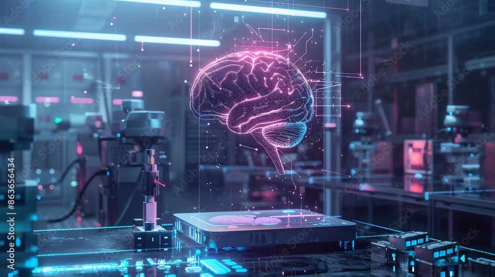 Obraz premium A highly detailed 3D rendering of a human brain surrounded by futuristic technology. 