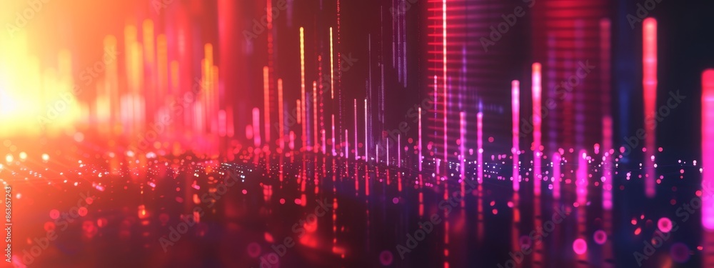 A blur of light emanates from the top of abstract lines and dots in shades of pink, orange, yellow, and blue A blur of light emanates from the top of abstract lines and dots in shades of pink, orange, yellow, and blue