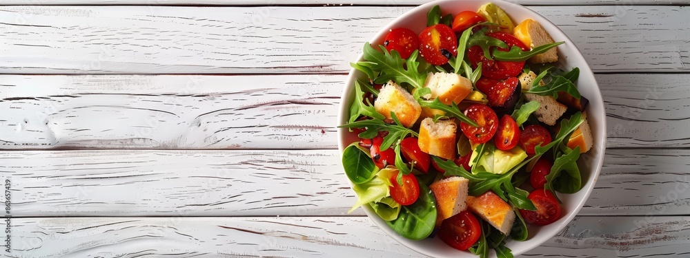 A white bowl holds a salad atop a pristine wooden table, nearby sits a bottle of ketchup A white bowl holds a salad atop a pristine wooden table, nearby sits a bottle of ketchup