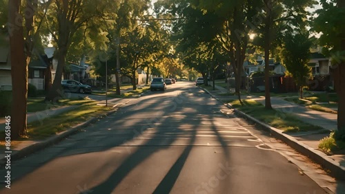 Sunlight filters through the trees, creating intricate shadows on the serene suburban street