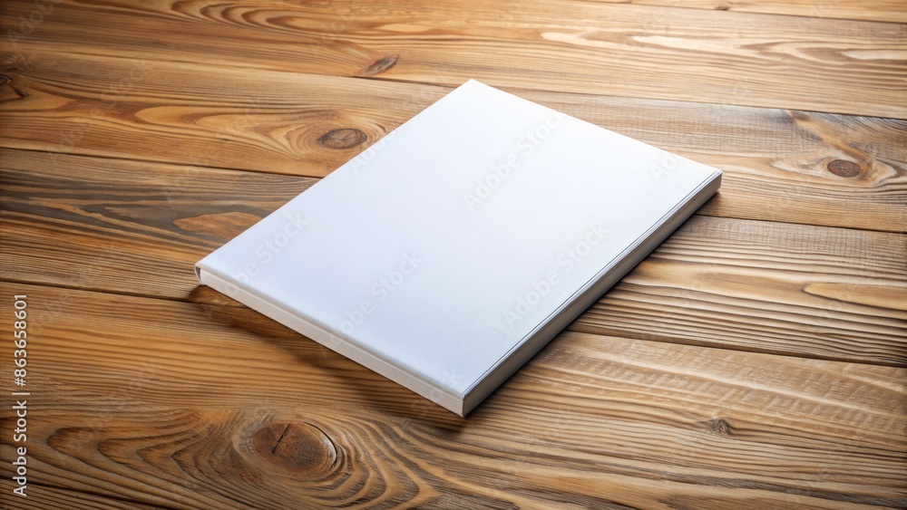 Fototapeta premium Blank white a4 paperback book cover mockup on a wooden table, awaiting design, perfect for catalog, magazine, menu, booklet, notebook, or portfolio template.
