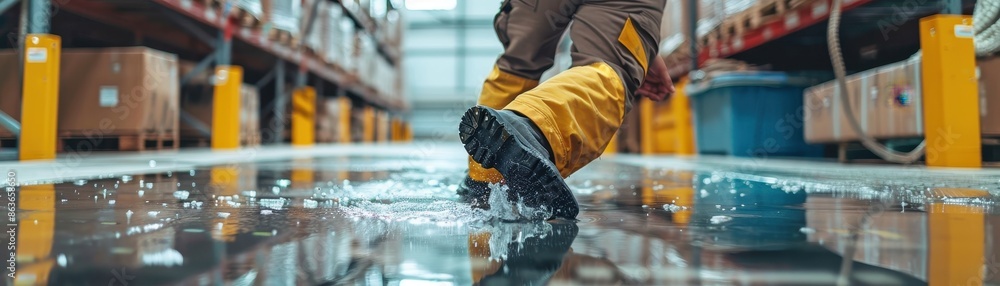 A man in a yellow helmet and orange jumpsuit is kneeling on a wet floor. He is cleaning up a spill A man in a yellow helmet and orange jumpsuit is kneeling on a wet floor. He is cleaning up a spill