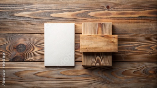 Elegant minimalist mockup featuring a rustic wooden background with subtle wood grain texture and a few neatly arranged business cards in a modern design. photo