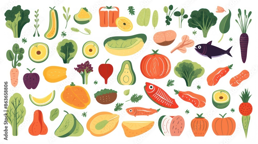 A colorful illustration of various fruits and vegetables, including tomatoes A colorful illustration of various fruits and vegetables, including tomatoes