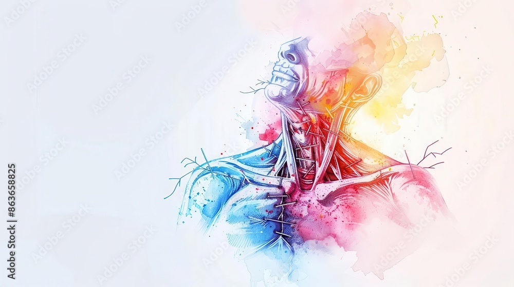 Fototapeta premium A wounded chest with surgical stitches, watercolor style, soft pastel colors, calm medical environment, soothing