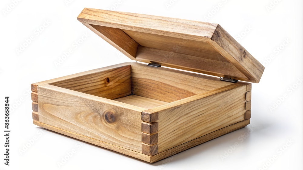 Rustic wooden box with lid ajar, sitting isolated on a pristine white background, exhibiting natural wood grain, and subtle texture, with soft shadows. Rustic wooden box with lid ajar, sitting isolated on a pristine white background, exhibiting natural wood grain, and subtle texture, with soft shadows.