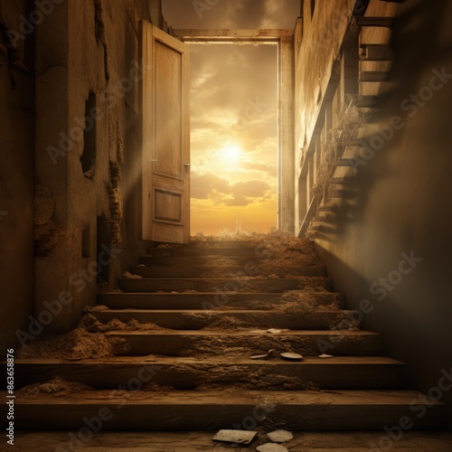 A door is open in a dark, dusty room with a staircase leading up to it