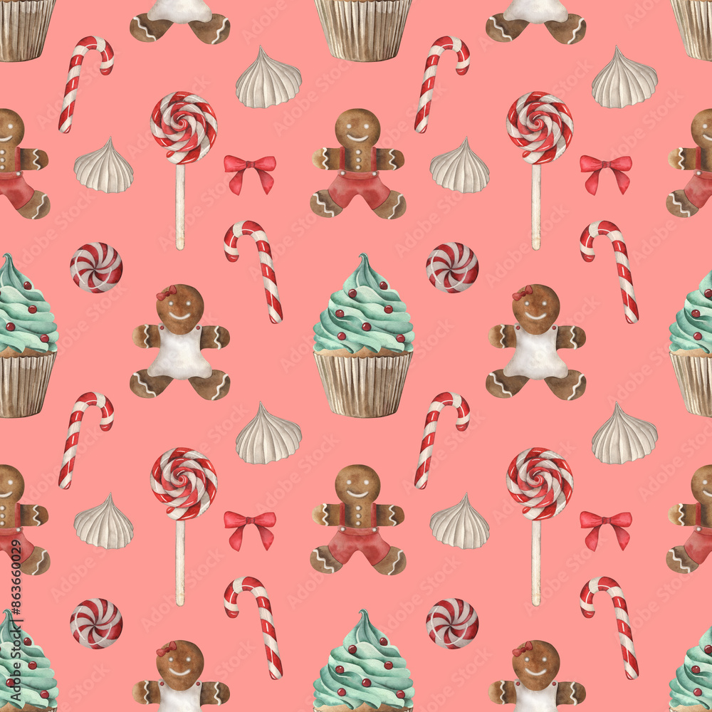 Fototapeta premium Lollipop, cupcake, gingerbread, candy, meringue, Christmas, New Year. The illustration is hand-drawn in watercolor on a white background. Suitable for design, postcards, holidays, stickers, textiles.