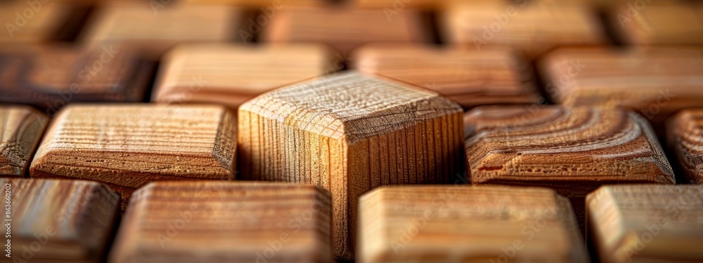 A stack of wooden blocks atop a larger stack on a wooden table A stack of wooden blocks atop a larger stack on a wooden table
