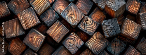  A heap of hexagonally shaped wood planks stacked upon one another photo