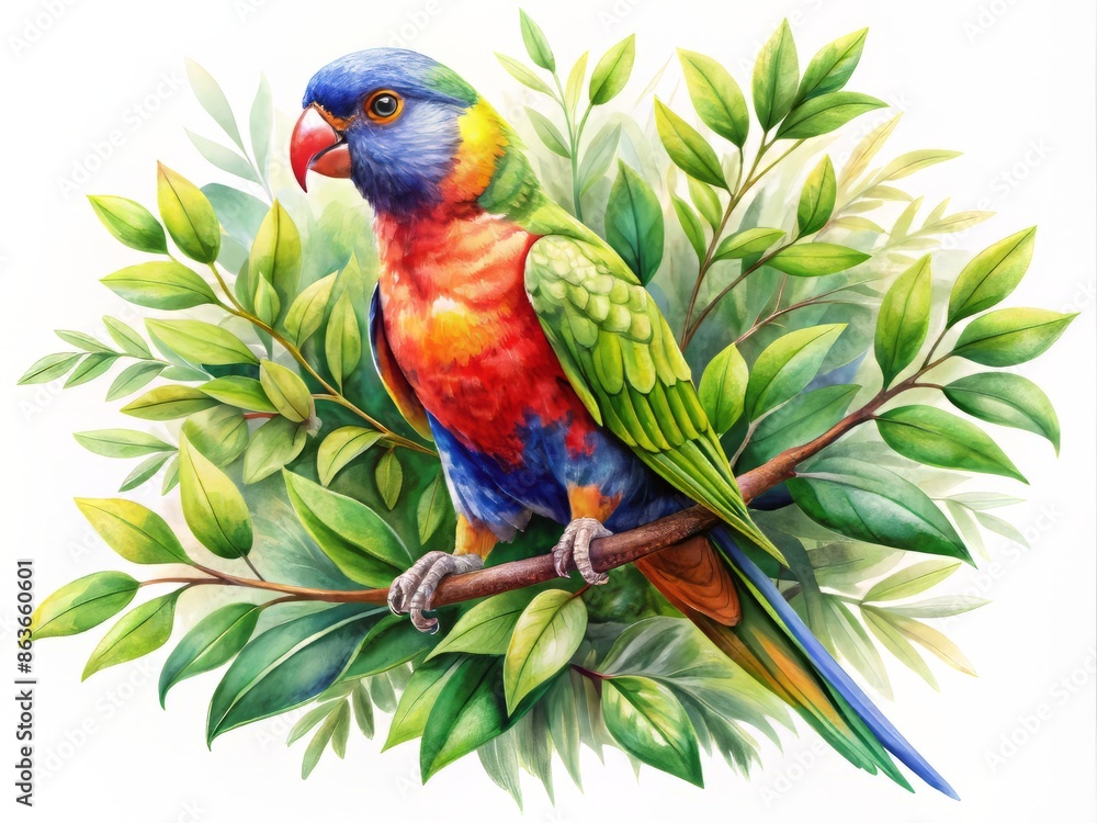 Fototapeta premium Vibrant watercolor illustration of a colorful parrot perched on a delicate branch, surrounded by lush green leaves, against a crisp white isolated background.