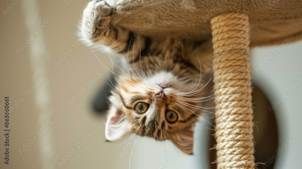 A playful cat hangs upside down from a sisal rope dangling from a cat condo, demonstrating its incredible flexibility.