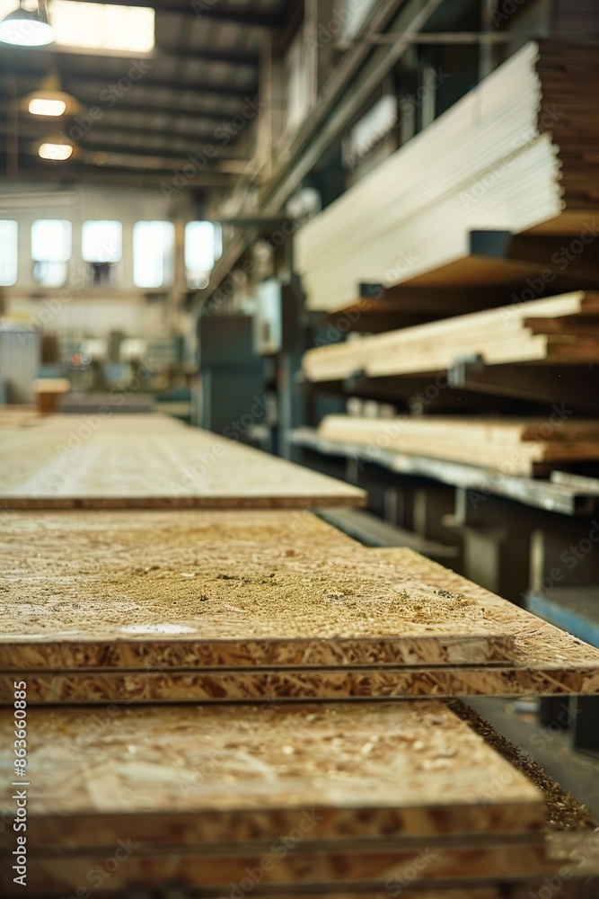 A detailed view of an industrial lumber warehouse, showcasing stacks of wooden boards ready for use, reflecting the raw material and production environment. A detailed view of an industrial lumber warehouse, showcasing stacks of wooden boards ready for use, reflecting the raw material and production environment.